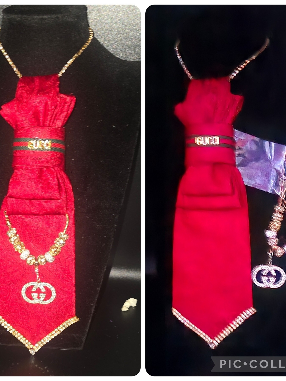 Red Tie Necklace with Gold Bracelet And Charm